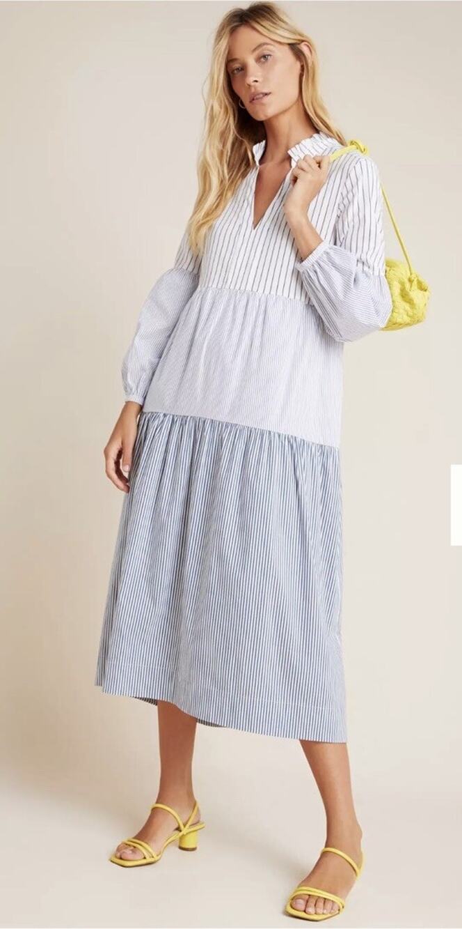 Anthropologie Maeve Bonnie Tiered Midi Dress Stripe Blue White Nautical Small